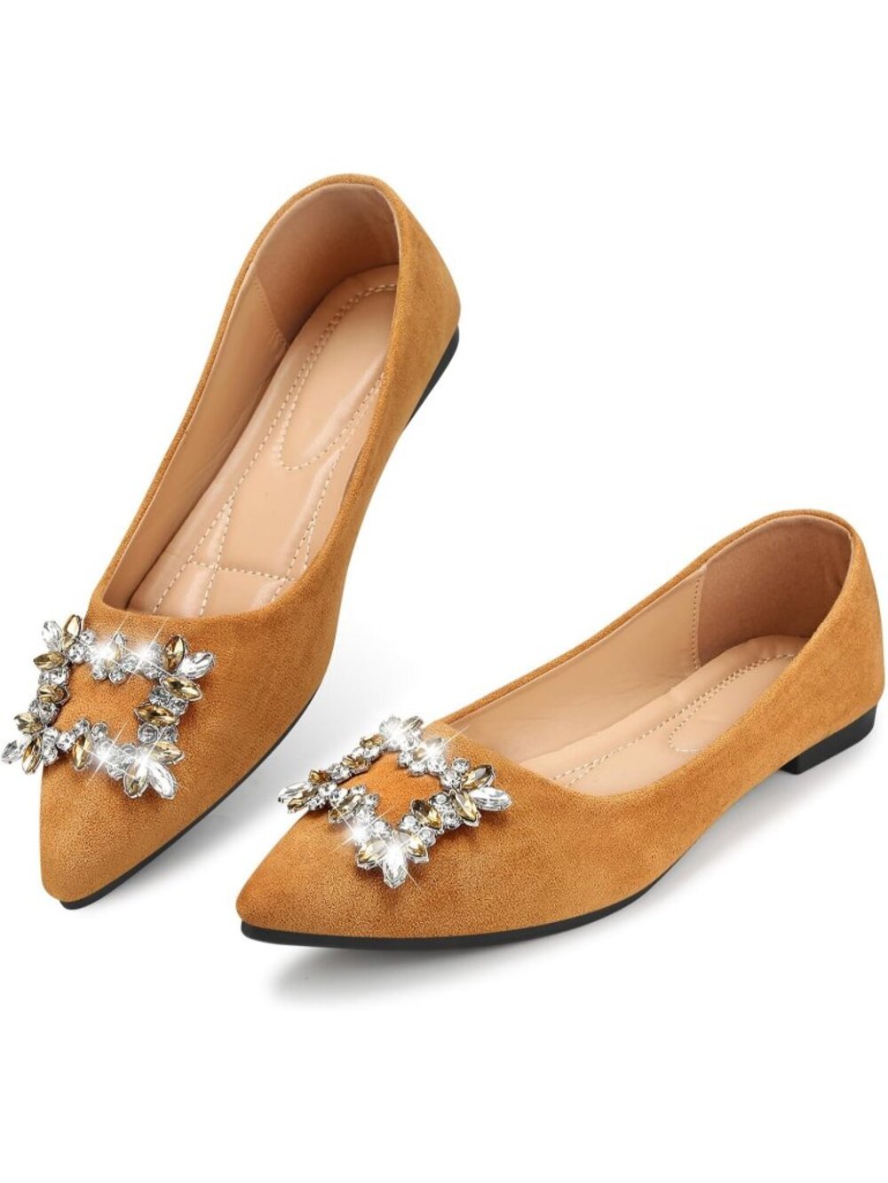 Women's 04-Brown Pointed Toe Pearl Flats Comfort Non Slip Soft Sole Office Shoes